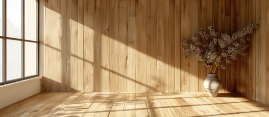 Leinwandbilder - Trendy interior with stylish light brown wooden panels on a bright background offering ample copy space image Top notch photograph