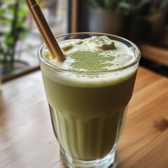 Wall Mural - A refreshing green tea iced latte with two bamboo straws in a glass on a wooden table.