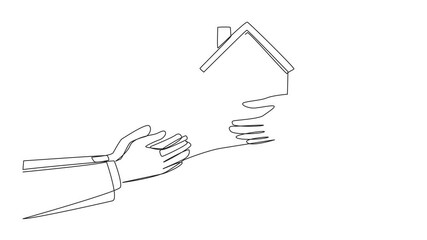 Poster - Animated self drawing of single one line drawing hand gives miniature house. Make home as a business collateral. Step that is difficult to accept with common sense. Responsible. Full length animation