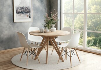 With generative AI, this modern scandinavian dining room features a round wooden table and chic interior design.