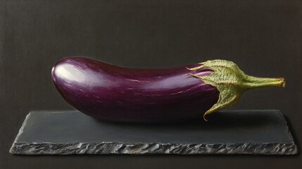 Wall Mural - Oil painting depicting an organic eggplant on a black slate stone board emphasizing food artistry and natural produce