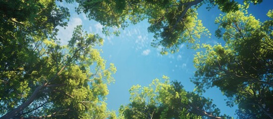 Poster - Looking up through the treetops creates a natural copy space image as the greenery surrounds the clear blue sky