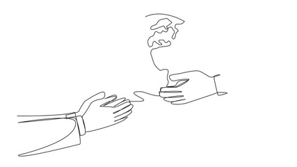 Sticker - Animated self drawing of single continuous line drawing a hand giving globe to colleague. Inviting you to do a lot of good deeds. For a better earth society for a green earth. Full length animation