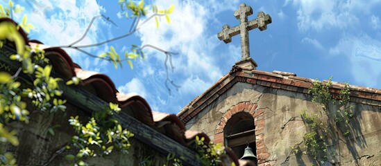 Canvas Print - A cross depicted on the roof of a church with copy space image available