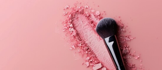 Poster - An elegant makeup brush is placed on a universal tone blush swatch against a pastel background creating a copy space image Top view showcases product design