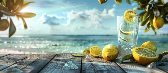 Poster - Wooden table with a glass of cold mineral water fresh lemons set against a blurred tropical beach and sky in the background providing copy space for food or beverage items