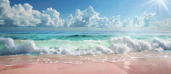 Poster - A scenic beach setting with clear turquoise waters gentle waves pink sandy shores under a sunny blue sky with fluffy white clouds a beautiful seascape perfect for summer ideal as a copy space image