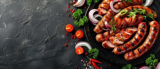 Aufkleber - Grilled sausages with onions viewed from the top with space for text or other elements in the image. Creative banner. Copyspace image
