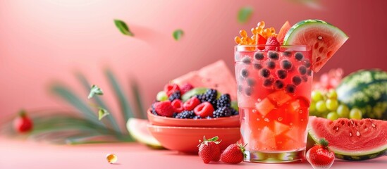 Wall Mural - Korean Subak Hwachae cocktail a traditional watermelon punch with assorted fruits and tapioca boba pearls in a glass and bowl display for parties with room for a copy space image