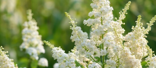 Sticker - White flowers of Filipendula ulmaria growing in meadows or fields featuring a close up botanical scenic view making it a picturesque floral background with copy space image for summer wallpapers herb