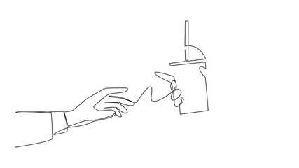 Poster - Animated self drawing single one line drawing hand giving boba drink. Refreshing drink that is high in sugar content. Drinks containing carbohydrates. Refreshing drink in summer. Full length animation