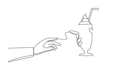 Poster - Self drawing animation single one line drawing hand giving milkshake. Cold drink made from mixture of milk, syrup, ice cream. Drinks served using straws. Has many flavor variants. Full length animated