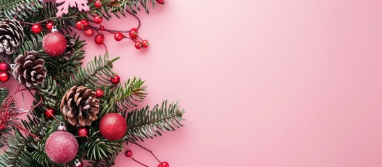 Fototapete - Top view of winter Christmas decorations on a pink background with empty space for text in a minimalist flat lay composition Photo with copy space image
