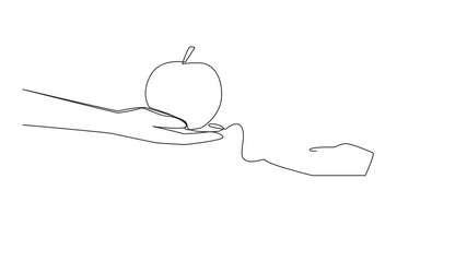 Poster - Animation of a single one line drawing hand giving apple. Fruit has three colors; red, yellow and green. Has a different taste. Contains vitamins C, A also contains calcium. Full length motion