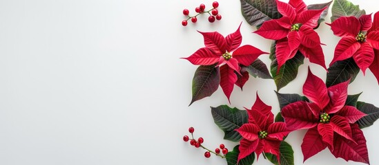 Aufkleber - Red and pink poinsettia flowers arranged on a white surface with room for text suitable as a copy space image for Christmas decorations