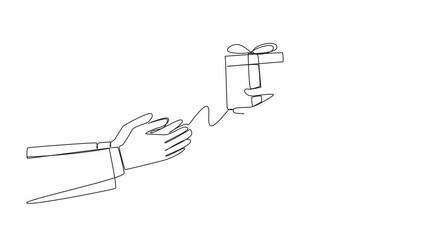 Poster - Animation of single one line drawing hand giving gift box. Give appreciation. Rewards for achieving success. Award. An extraordinary achievement deserves recognition. Full length motion