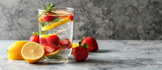 Wall Mural - Glass of fresh fruit infused water with strawberries rosemary and citrus fruits on a gray table with ample copy space image available