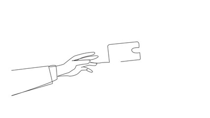 Wall Mural - Self drawing animation single continuous line drawing hand giving debit card. Payment transactions carried out non-cash. Use cards to make things easier. Technology makes it easy. Full length animated