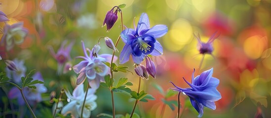 Poster - Single aquilegia flower in a garden with copy space image