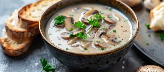 Poster - Creamy mushroom soup with parsley garnish and bread slices on a table with a copy space image