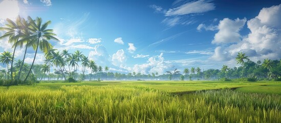 Poster - Scenic view of a lush paddy field with coconut trees in the background set against a vibrant sky with white clouds ideal for a copy space image