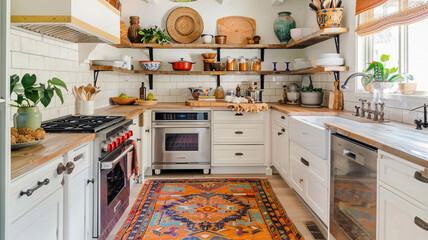 a bohemian kitchen with a vibrant rug and open wooden shelving