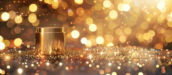 Poster - A shimmering gold bokeh creates the perfect backdrop for a product display on a pedestal in this festive showcase with a captivating copy space image
