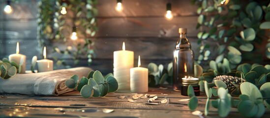 Poster - Wooden table adorned with eucalyptus leaves burning candles and aromatherapy products providing a serene ambiance with available copy space image