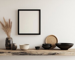 A mockup of an empty black poster frame on a wooden shelf. An interior design of a modern living room with white walls and decor pieces.