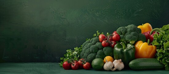 Poster - Various fresh vegetables arranged on a green backdrop with ample copy space image