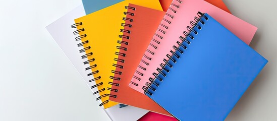 Aufkleber - Flat lay composition of colorful notebooks arranged on a white background for school or office use offering ample copy space for display