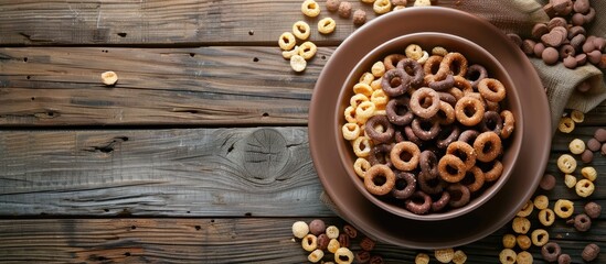 Poster - Natural cereal chocolate and corn rings served with milk in a plate on a rustic wooden background perfect for a copy space image
