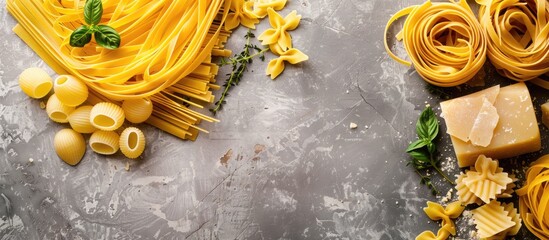 Poster - Light background enhances the composition with various uncooked pastas and thyme offering copy space image