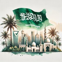 Wall Mural - Saudi national day poster illustration in watercolor style with famous landmarks. 