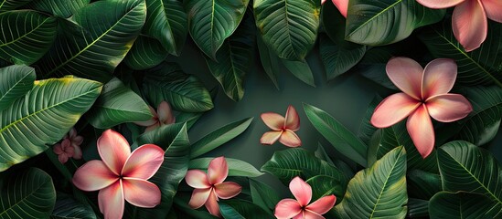 Poster - Pink plumeria flowers blooming against a backdrop of lush green leaves in a captivating copy space image