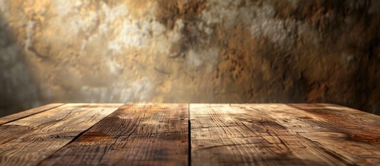 Poster - Wooden table with a blurred wall background offers copy space for product advertising placement