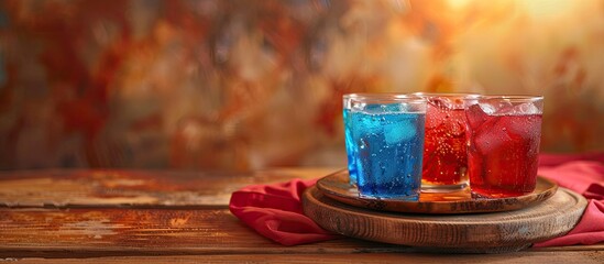 Aufkleber - Italian soda in red green and blue colors displayed on a wooden plate with copy space image
