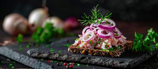 Poster - A canape with salted herring onions on dark bread displayed with copy space image on a black background