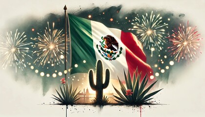 Wall Mural - Mexico independence day watercolor poster illustration.