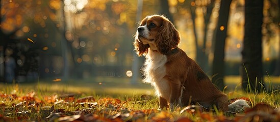 Poster - A Cavalier Charles Spaniel is seen happily wandering in the park with a beautiful landscape in the background perfect for a copy space image