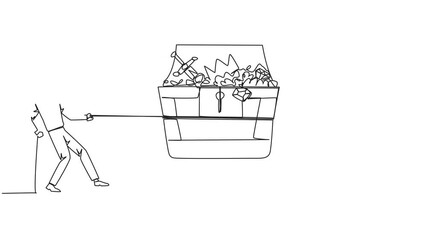 Poster - animated self drawing of single continuous line drawing two businessmen fight over an open treasure 