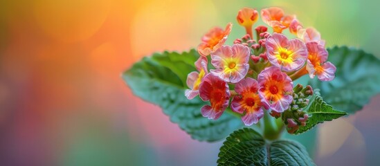 Canvas Print - A close up photo of a Lantana camara flower showcasing intricate details against a soft background creating a visually appealing copy space image