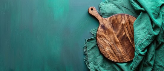 Poster - Top view of a cutting board with a napkin on a colored background displaying copy space image