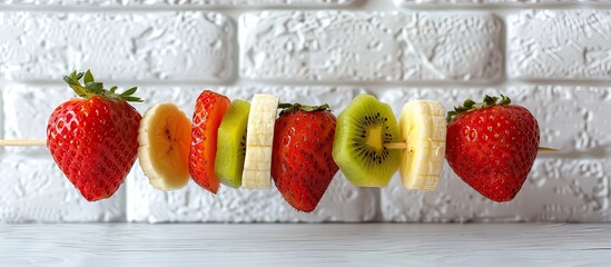 Poster - Fruit skewer featuring strawberries kiwis and bananas placed against a white brick wall with copy space image