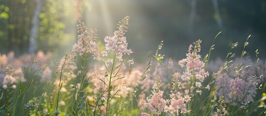 Poster - Meadow flowers like Filipendula ulmaria on a forest field with a vibrant natural setting ideal as a summer background with optical blur bokeh offering a tranquil atmosphere for a copy space image