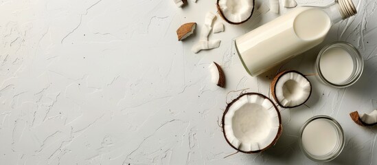 Wall Mural - A bottle and a glass with coconut milk placed on a white background with space for text or images. Creative banner. Copyspace image