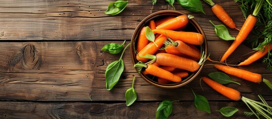 Poster - Bowl with baby carrots and green leaves on a wooden table with room for a text in the copy space image