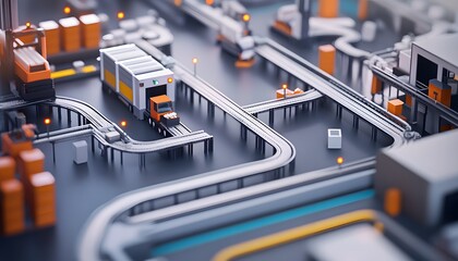 Poster - Advanced automated logistics system with conveyor belts and trucks in a modern warehouse setting for efficient product distribution.