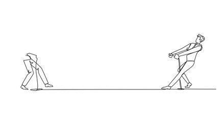 Poster - self drawing animation of single one line drawing two businessmen pulling each other's rope. light e