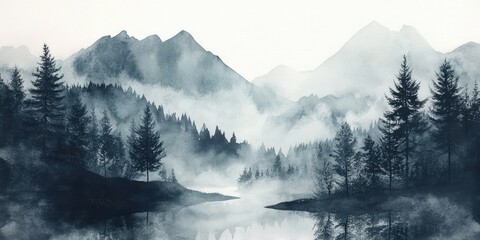 Watercolor landscape illustration featuring trees and mountains with a foggy mist showcasing evergreen trees a monochrome river and hills for decorative wall art